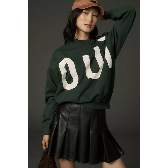 Clare V. Oversized “Oui” Sweatshirt in Dark Green - Picture 1 of 10